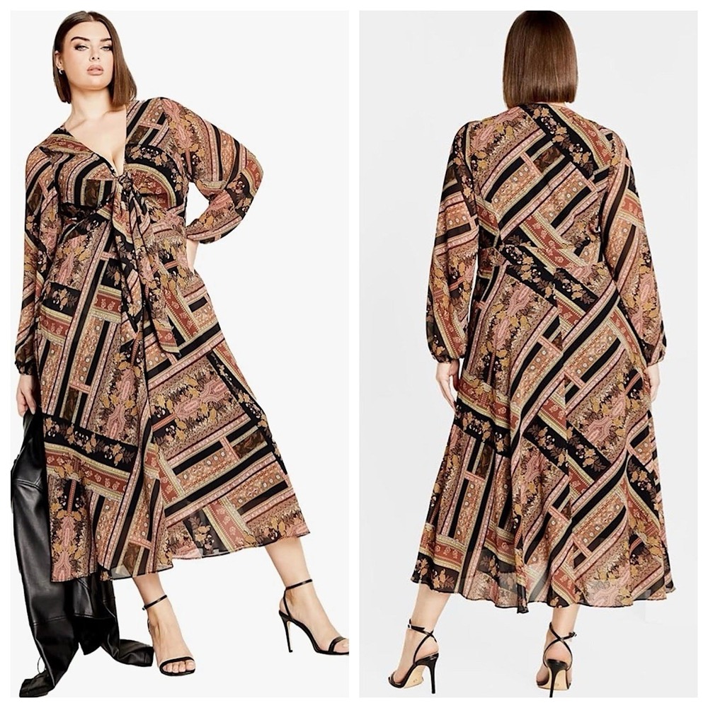 City Chic Margo Bust Tie Maxi Dress Womens Sz XXS/12‎ Multicolor Long Sleeve